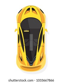 Yellow sport car, top view in flat style isolated on a white background.