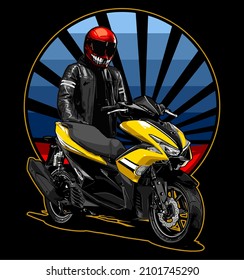 yellow sport scooter with japanese art, t-shirt design, biker, motorcycle club, patch, naked bike, cool helmet, arai, shoei, ls2, agv, shovelhead engine, panhead, knucklehead, nmax, aerox, xmax