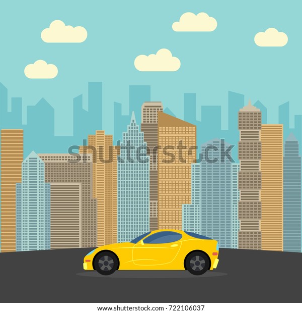 Yellow sports car\
in the city. Automobile on a background of skyscrapers on a sunny\
day. Vector illustration.\
\
