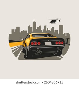Yellow sports car on a road with a city skyline and helicopter in the background.