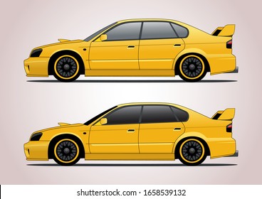 yellow sports sedan, side view. Subaru Legacy III.