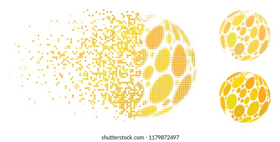 Yellow spot abstract sphere icon in dissolved, dotted halftone and solid versions. Points are organized into vector disappearing yellow spot abstract sphere pictogram.