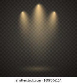 Yellow spotlight, bright light, golden stage lighting isolated on transparent background. Transparent vector effect.