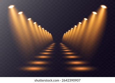Yellow spotlight effect. Stage lighting. Vector illustration. On a transparent background.