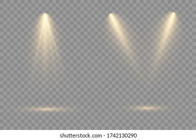 The yellow spotlight shines on the stage. light exclusive use lens flash light effect. abstract light from a lamp or spotlight. lighted scene. podium under the spotlight. vector