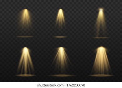 The yellow spotlight shines on the stage. light exclusive use lens flash light effect. abstract light from a lamp or spotlight. lighted scene. podium under the spotlight. vector