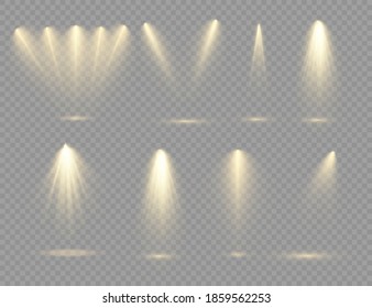 The yellow spotlight shines on the stage. light exclusive use lens flash light effect. abstract light from a lamp or spotlight. lighted scene. podium under the spotlight. vector