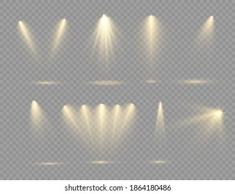 The yellow spotlight shines on the stage. light exclusive use lens flash light effect. abstract light from a lamp or spotlight. lighted scene. podium under the spotlight. vector