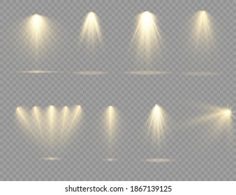 The yellow spotlight shines on the stage. light exclusive use lens flash light effect. abstract light from a lamp or spotlight. lighted scene. podium under the spotlight. vector