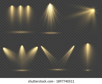 The yellow spotlight shines on the stage. light exclusive use lens flash light effect. abstract light from a lamp or spotlight. lighted scene. podium under the spotlight. vector