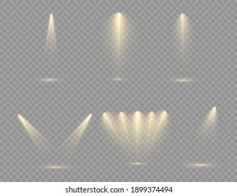 The yellow spotlight shines on the stage. light exclusive use lens flash light effect. abstract light from a lamp or spotlight. lighted scene. podium under the spotlight. vector