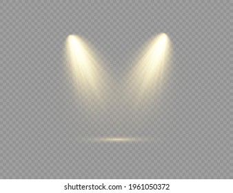 The yellow spotlight shines on the stage. light exclusive use lens flash light effect. abstract light from a lamp or spotlight. lighted scene. podium under the spotlight. vector