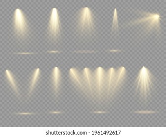 The yellow spotlight shines on the stage. light exclusive use lens flash light effect. abstract light from a lamp or spotlight. lighted scene. podium under the spotlight. vector