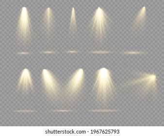 The yellow spotlight shines on the stage. light exclusive use lens flash light effect. abstract light from a lamp or spotlight. lighted scene. podium under the spotlight. vector