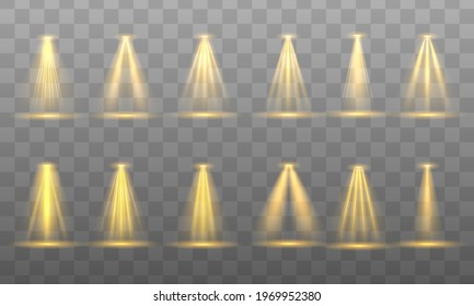 The yellow spotlight shines on the stage. Shine vertical theater projector beam template for your creative design. Light exclusive use lens flash light effect. Scene. Vector illustration, eps 10.