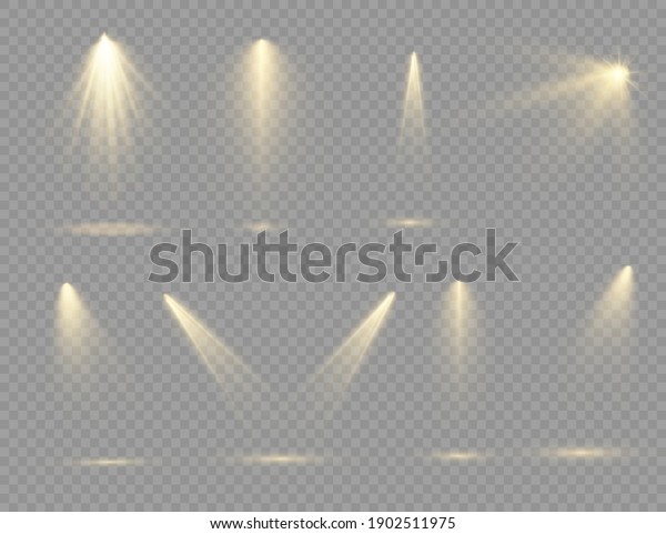 The
yellow spotlight shines on the stage. light exclusive use lens
flash light effect. abstract light from a lamp or spotlight.
lighted scene. podium under the spotlight.
vector