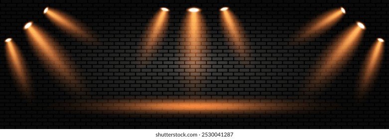Focos amarillos, fondo de ladrillo para escenarios, conciertos, publicidad. Iluminación brillante con focos. Efecto de destello ligero. Ilustración vectorial.