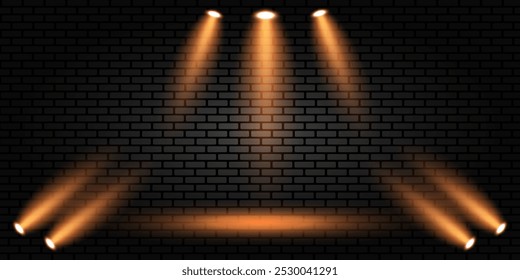 Focos amarillos, fondo de ladrillo para escenarios, conciertos, publicidad. Iluminación brillante con focos. Efecto de destello ligero. Ilustración vectorial.