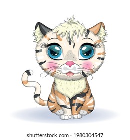 Yellow and spotted cat with beautiful eyes among flowers and balloons in cartoon style, colorful illustration for children. Greeting card design