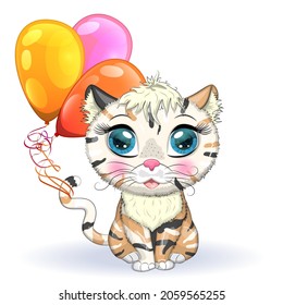 Yellow and spotted cat with beautiful eyes among flowers and balloons in cartoon style, colorful illustration for children. Greeting card design