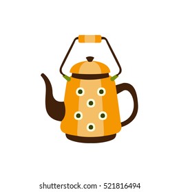 Yellow Spotted Metal Kettle With Handle, Camping And Hiking Outdoor Tourism Related Item Isolated Vector Illustration