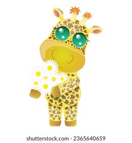 yellow spotty cub of giraffe with bunch of daisies