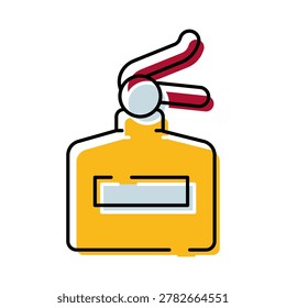 Yellow spray bottle icon with red accents and crisp outline releasing a fine refreshing mist for beauty, fragrance and personal care designs on white background