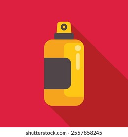 Yellow spray paint can with black label casting long shadow on red background, flat design style