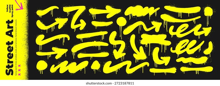 Pintura en aerosol amarilla, líneas en negrita y flechas de graffiti. Frotis de Vector dibujado a mano, pinceladas onduladas con textura ruidosa. Grunge graffiti líneas en negrita para subrayar o enfatizar el texto.