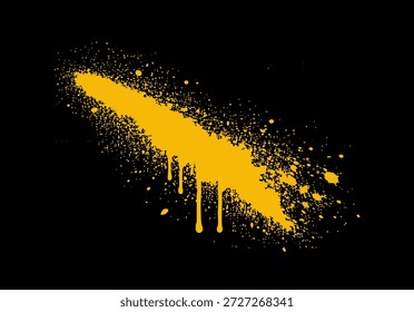 Yellow spray paint splatter with drips and grunge texture on a solid black background. Urban street art style design element.