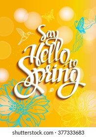 Yellow spring background with hummingbirds and butterflies. Banner theme of spring.