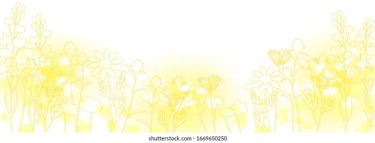 Yellow spring background material lined with various flowers