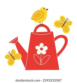 Yellow Spring Bird Sitting on Red Watering Can with Butterflies Flying Nearby