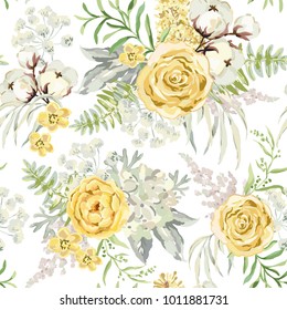 Yellow spring bouquets on the white background. Watercolor vector seamless pattern with delicate flowers. Rose, hydrangea, cotton and light green leaves. Romantic illustration.