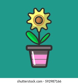 Flor de primavera amarilla con hojas verdes aisladas en un fondo verdoso. Ilustración vectorial en estilo plano de atributo doméstico para la decoración de ventanas. Planta doméstica con muchos pétalos en la maceta de flores