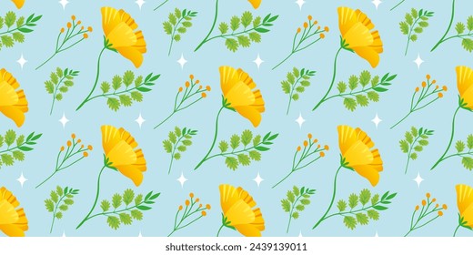 Yellow spring flowers on a blue background. Floral template with golden California poppy. The cheerful floral design for background, digital paper, wallpaper, fabric. Vector Seamless pattern.