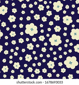 Yellow spring flowers seamless repeat vector pattern for wrapping paper,prints,wallpaper,fabrics.Yellow flowers on navy background.