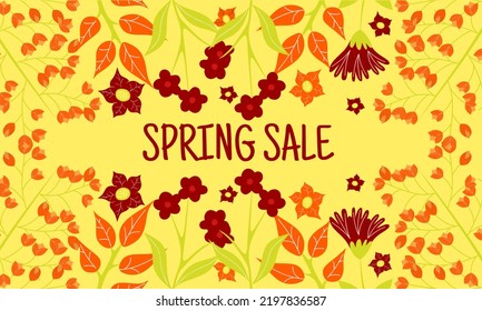 yellow spring sale banner with colorful hand drawn leaf flower elements