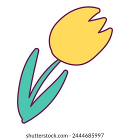 Yellow spring tulip with large bud. Bright illustration for design of festive spring banner. Flat vector element in thin stroke isolated on white background