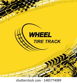 Yellow square background with black and white grunge ink blots and tire tracks