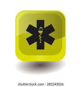 Yellow square button with black ambulance sign, vector design for website