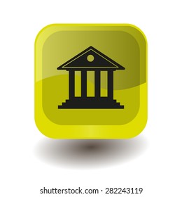 Yellow square button with black building with columns sign, vector design for website