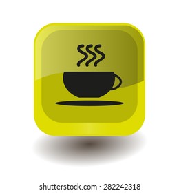 Yellow square button with black cup of coffee sign, vector design for website