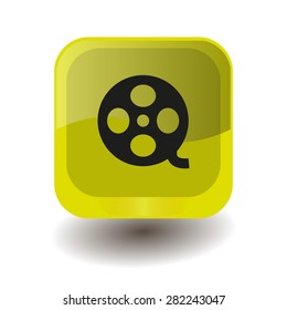 Yellow square button with black motion picture film reel sign, vector design for website