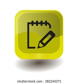 Yellow square button with black notepad sign, vector design for website
