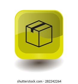 Yellow square button with black packing sign, vector design for website