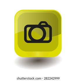 Yellow square button with black photo/camera sign, vector design for website