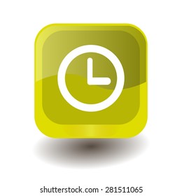Yellow square button with white clock sign, vector design for website 