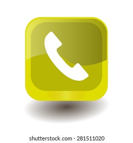 Yellow square button with white handset sign, vector design for website 