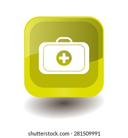 Yellow square button with white medical case sign, vector design for website 